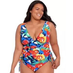 Ralph Lauren Bold Floral Shirred Plunge One Piece swimsuit - 18W